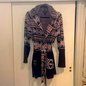 Rachel Zoe ladies open sweater cardigan with tie belt size L Aztec print hoodie